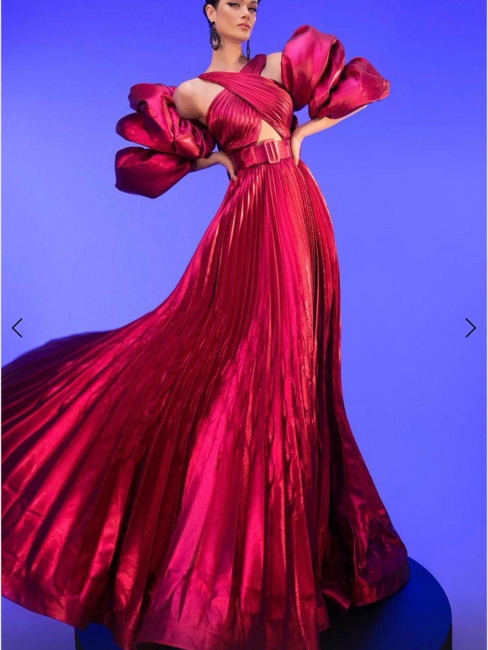 MNM Couture Fuchsia Satin Pleated Gown with Sculptural Puff Sleeves